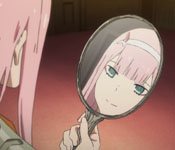 zero-two looking in the mirror